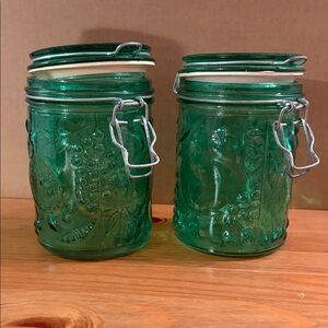 Vintage Green Glass Storage Jars with Lids